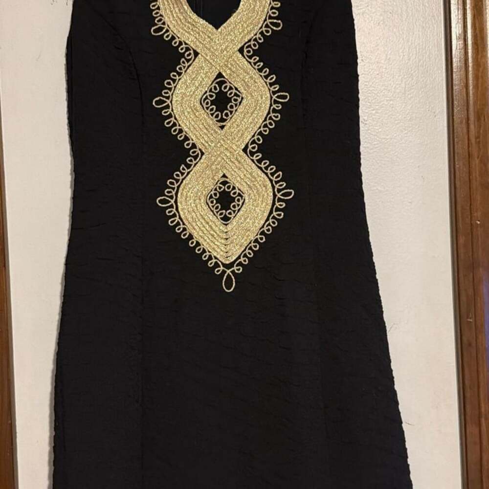 Lilly Pulitzer Alexa Shift Dress Black and Gold Embroidery Onyx Size 4 - Picture 3 of 5